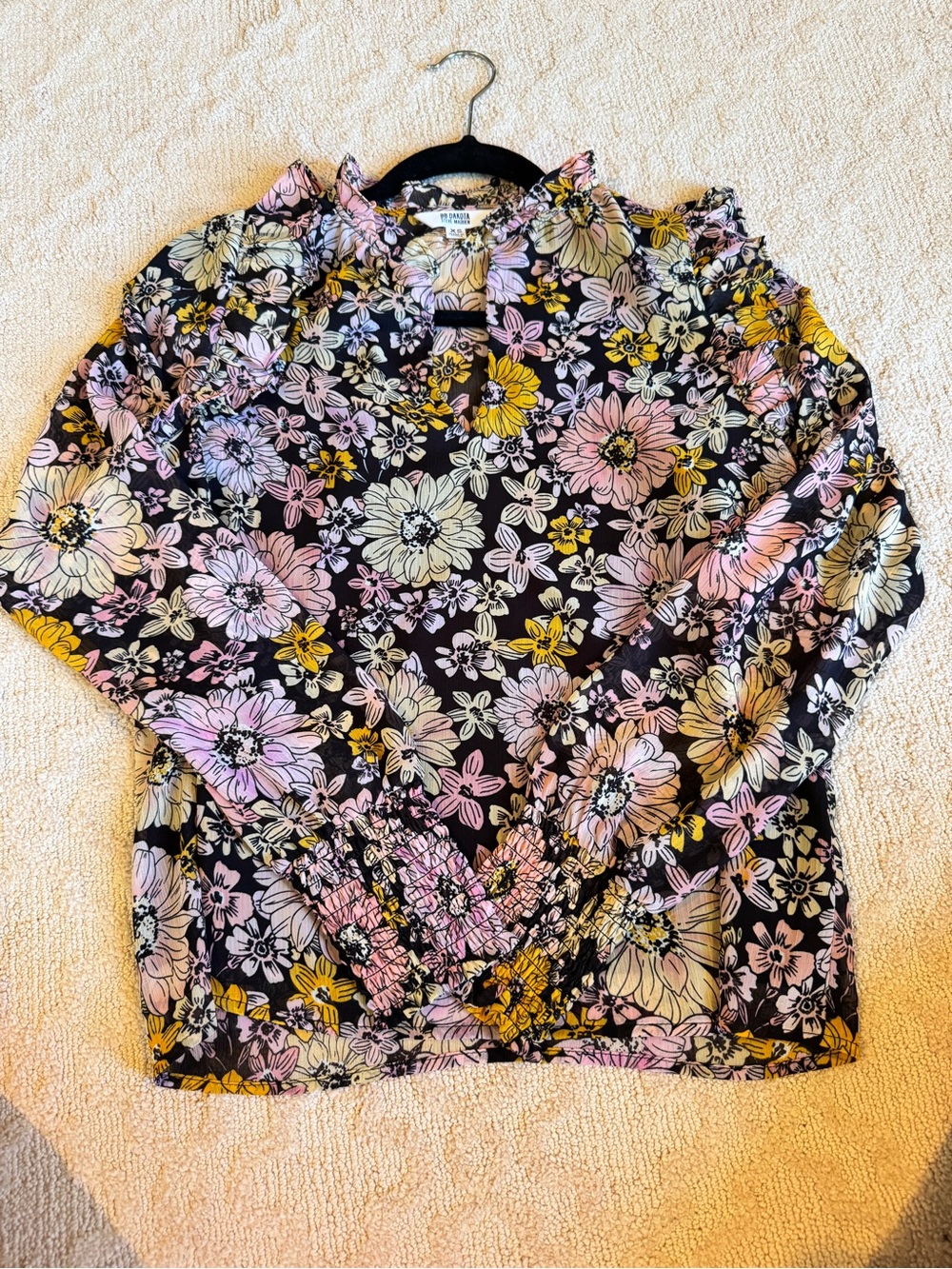 BB Dakota Black Floral Blouse with Pink and Yellow Flowers